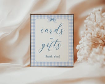 Blue Gingham Baby Shower Decor Cards and Gifts Sign, Classic Decorations, Gender Neutral, Modern Minimalist, Table Printable, Editable BG114