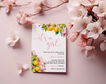 Lemon Baby Shower Pink Lemon, Citrus Baby Shower Invitation, Pink Floral Invite, Summer Baby, Baby Brunch Invitation, Instant Download PL110