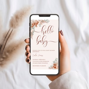 Boho Girl Baby Shower Digital Invitation, Text Message Invite, Email Invitation, Blush Pink Pampas, Boho Floral, Editable, Neutral BG110