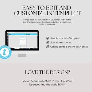 May include: A computer screen displaying a thank you card template with the text "Thank you for coming" in a blue and white color scheme. The template is editable in Templett, a digital design platform. The text "EASY TO EDIT AND CUSTOMIZE IN TEMPLETT" is displayed above the screen.