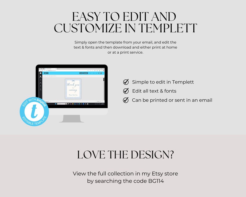 May include: A computer screen displaying a thank you card template with the text "Thank you for coming" in a blue and white color scheme. The template is editable in Templett, a digital design platform. The text "EASY TO EDIT AND CUSTOMIZE IN TEMPLETT" is displayed above the screen.