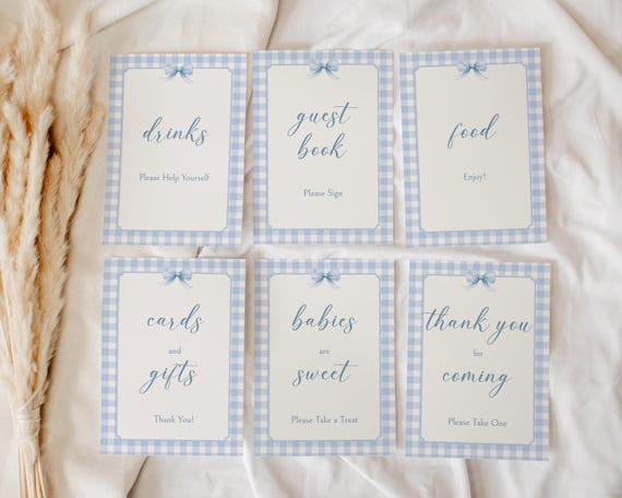 Blue Gingham Baby Shower Table Signs, Dusty Blue Decor Sign Bundle, Decorations, Boy, Gender Reveal, Coquette Bow, Printable, Editable BG114
