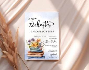 A New Chapter Begins Baby Shower Invitation, Storybook Shower Invite, Library Theme, Floral Book Themed, Printable Editable Invitation NC110