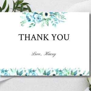 Carte de remerciement florale bleue, remerciements pour baby shower, modèle imprimable minimaliste, notes de remerciement modifiables, téléchargement instantané Templett BF111