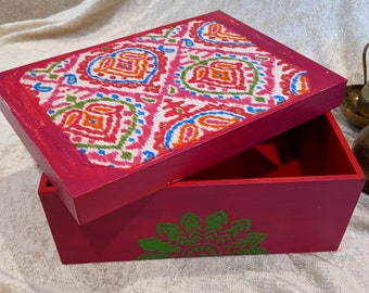 Hand Painted, Indian Style, Ikat, Decoupage, Decorative Wood Box, Photo box, Memory Chest, Keepsake Box, Gift Box, Wedding, Jewelry Box