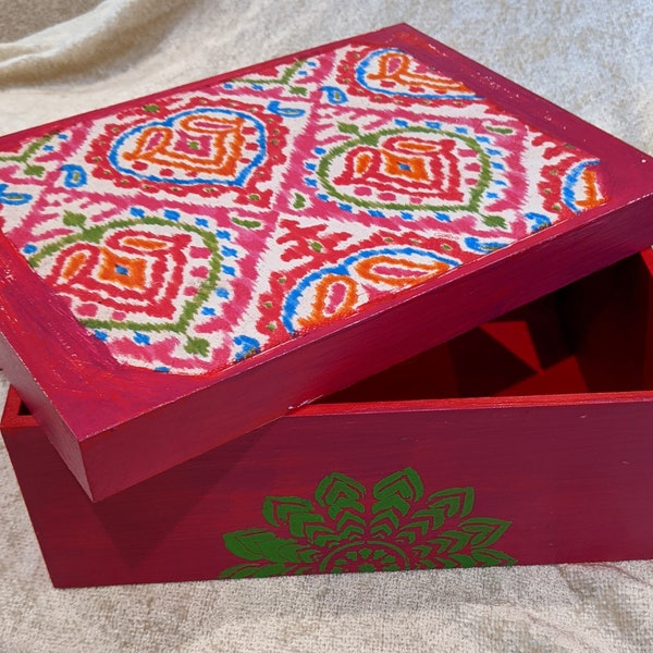 Hand Painted, Indian Style, Ikat, Decoupage, Decorative Wood Box, Photo box, Memory Chest, Keepsake Box, Gift Box, Wedding, Jewelry Box