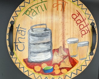 Round Decorative Wooden Tray , Chai, Chai Tray, Indian themed, Hand painted, Coffee table tray, Charcuterie tray, Accent, entertaining.