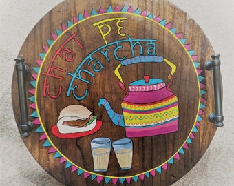 Round Decorative Tray, Charcuterie, Hand painted, Indian style décor, Tea, Chai tray, Serving tray, entertaining, decoration, Chai