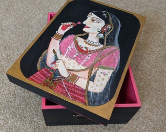 Decorative Wooden Box , Hand painted, Indian Decor,  Photo box, keepsake box, memory chest, wedding box, jewelry box, trinket storage,