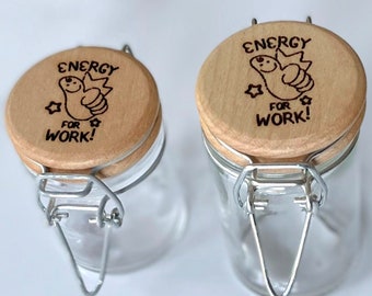 Energy for Work! Stash Jar Set | PuppyCat Inspired Design | Cute 1 oz and 2 oz glass jars with laser engraved wood lids