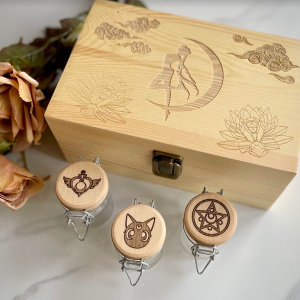 Sailor Moon Inspired Stash Box and Jars Set | With Luna and Silver Crystal | Solid Pine Wood Smoke Box | Weed CBD Cannabis Storage Gift Set