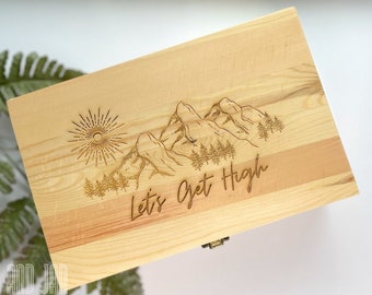 Wood Stash Box with Unique Design: “Let’s Get High” Mountains | Personalize Your Weedbox with Custom Engraving