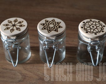 Modern Design Stash Jar Set | Mandala Stash Jars | Superior 1 oz Glass Jars with Laser Engraved Wood Lids and Tight Clamping System