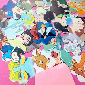 May include: A selection of flower-shaped paper cutouts with illustrations of characters from a classic animated film. The cutouts are in various colours and depict scenes and characters on a pink background.