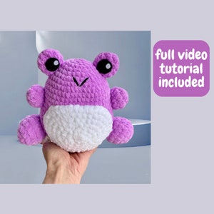 May include: A crocheted purple frog plush toy with white belly and black eyes.  The toy is being held in a hand.  Full video tutorial included.