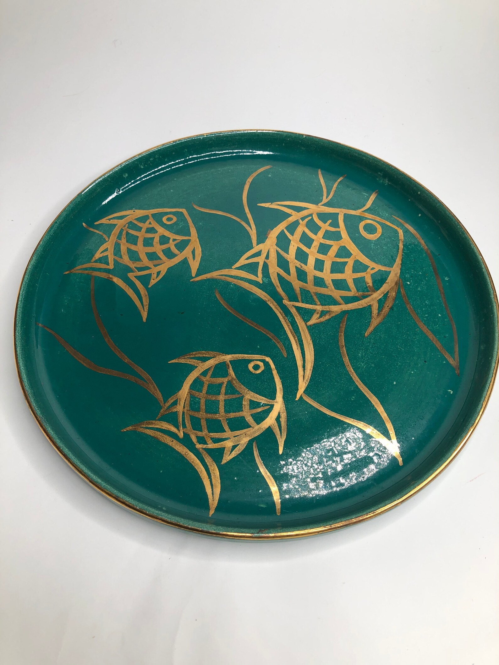Beautiful Jade Circular Plate With Three Gold Fish Illustrated Etsy