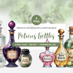 Könnte beinhalten: Aquarell-Clipart-Bundle mit sechs Zaubertrankflaschen mit Etiketten wie "Veritaserum", "Draught of Living Death" und "Polyjuice Potion". Die Flaschen variieren in Form und Farbe, mit transparenten, lila und goldenen Farbtönen. Der Text "Potions Bottles" ist ebenfalls sichtbar.