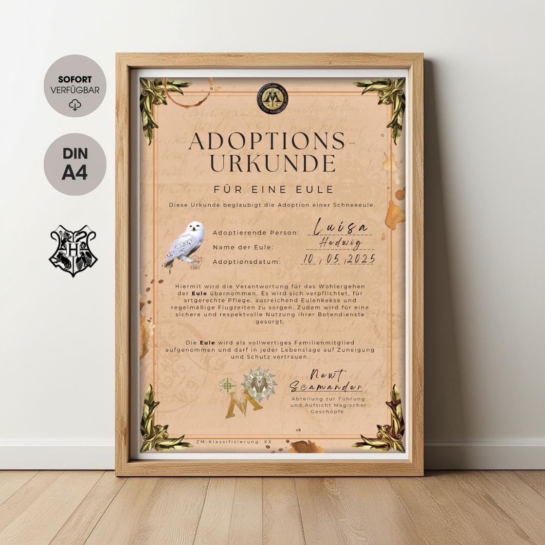 Adoptionsurkunde | Eule – Magisches Zertifikat zum Ausdrucken | Fantastische Tierwesen Urkunde