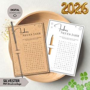 Decoración de mesa de Año Nuevo, sopa de letras imprimible en PDF | Juego de reflexión | Descarga digital, saludo de Año Nuevo, bengala para recuerdo de fiesta