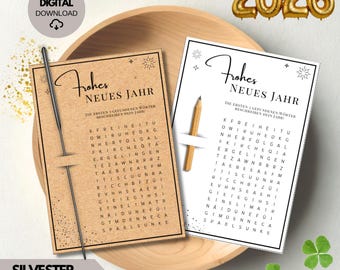 Tafeldecoratie voor een gelukkig nieuwjaar, woordzoekpuzzel (printbaar PDF) | Reflectiespel | Digitale download, nieuwjaarsgroet, feestcadeautje met sterretjes