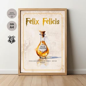 Puede incluir: Un póster enmarcado con la inscripción "Felix Felicis" en letras doradas, que representa una botella de poción. El póster tiene un estilo vintage con el texto "Luck is not a matter of chance - but of dosage." El marco es de color marrón claro.