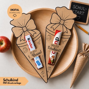 Plantilla de cono escolar en PDF, regalo de regreso a clases para imprimir | Niño de 1er grado, banda Duplo, empaque de barra de chocolate, idea de bricolaje con billetes