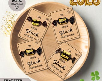 Szczęśliwego Nowego Roku | Wielka porcja szczęścia na Sylwestra, Storck do druku w formacie PDF, do pobrania w wersji cyfrowej, życzenia noworoczne, prezent dla rodziny i współpracowników