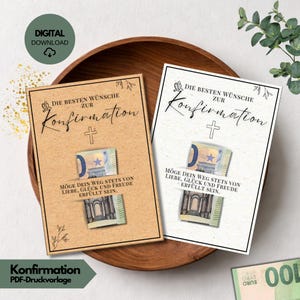 May include: Two Confirmation cards with text in German, featuring a cross and a small Euro bill. One card is tan, the other white. The cards are in a wooden bowl with a sprig of greenery.