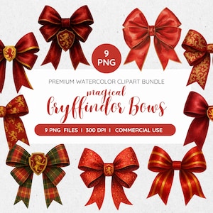 May include: A collection of nine watercolor bow clip art images in shades of red and gold. Some bows feature a crest with a lion. Text reads "magical Gryffindor Bows" and "9 PNG files | 300 DPI | Commercial Use."