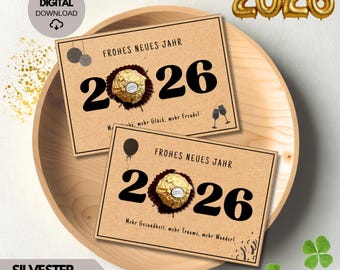 Plantilla imprimible para Nochevieja, plantilla de manualidades para Año Nuevo, decoración de mesa para Nochevieja 2026, buena suerte para el año nuevo 2026, saludo de Año Nuevo, PDF Ferrero Rocher