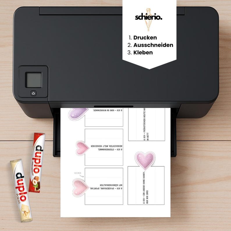 Digitale Valentinstag PDF Druckvorlage mit Herzmotiven und romantischen Mini Date Ideen. Banderolen und Karten zum Ausschneiden für Schokoriegel, ideal für Duplo-Riegel. Liebevoll gestaltetes Mitbringsel und DIY Geschenk für Paare, Partner, Freund, Freundin oder Ehepartner. Perfekt als kleine Aufmerksamkeit, Überraschung oder romantisches Mitbringsel zum Valentinstag. Geschenk passt auch zur Verlobung.