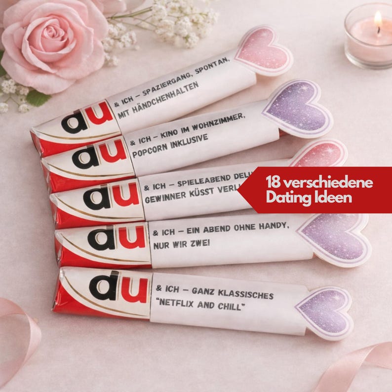 Digitale Valentinstag PDF Druckvorlage mit Herzmotiven und romantischen Mini Date Ideen. Banderolen und Karten zum Ausschneiden für Schokoriegel, ideal für Duplo-Riegel. Liebevoll gestaltetes Mitbringsel und DIY Geschenk für Paare, Partner, Freund, Freundin oder Ehepartner. Perfekt als kleine Aufmerksamkeit, Überraschung oder romantisches Mitbringsel zum Valentinstag. Geschenk passt auch zur Verlobung.