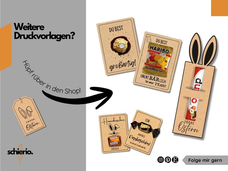 Oster-Druckvorlage mit neun Etiketten im Kraftpapier-Design und Hasenmotiv. Der Schriftzug „Hasenküsschen – für dich“ macht die Vorlage ideal für kleine Osterüberraschungen mit Pralinen, Süßigkeiten oder kleinen Geschenken. Enthält mehrere Etiketten pro DIN-A4-Seite zum Ausdrucken, Ausschneiden und Aufkleben. Perfekt für Ostern, Kinder, Familie, Kollegen, Schule oder Kita. Digitaler Download als PDF, sofort verfügbar.
