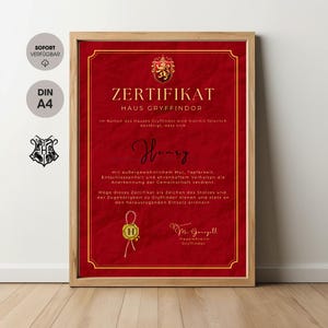 Zertifikat | Gryffindor - Hogwarts Haus Urkunde zum Ausdrucken | Magisches Geschenk für Harry Potter Fans, Kollegen, Familie