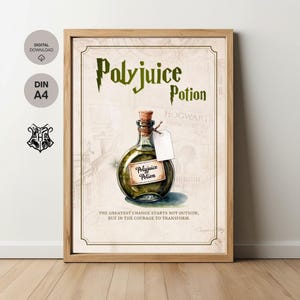 May include: A framed print featuring a green potion bottle labeled "Polyjuice Potion." The artwork has a vintage style with text in green and a quote at the bottom. The frame is a light brown color.