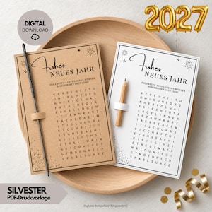 Decoración de mesa de Feliz Año Nuevo, sopa de letras imprimible en PDF | Rompecabezas de juego de reflexión | Descarga digital, felicitación de Año Nuevo, bengala para fiestas