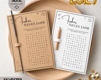 Frohes Neues Jahr Tischdeko, Wortsuche Druckvorlage PDF| Reflexionsspiel Rätsel | Digitaler Download, Neujahrsgruß, Gastgeschenk Wunderkerze