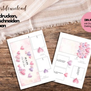 Digitale Valentinstag PDF Druckvorlage mit Herzmotiven und romantischen Mini Date Ideen. Banderolen und Karten zum Ausschneiden für Schokoriegel, ideal für Duplo-Riegel. Liebevoll gestaltetes Mitbringsel und DIY Geschenk für Paare, Partner, Freund, Freundin oder Ehepartner. Perfekt als kleine Aufmerksamkeit, Überraschung oder romantisches Mitbringsel zum Valentinstag. Geschenk passt auch zur Verlobung.