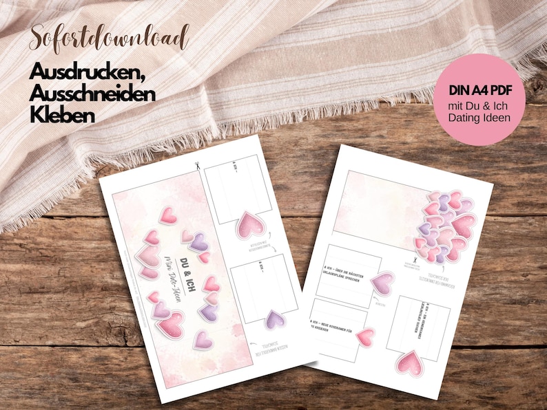 Digitale Valentinstag PDF Druckvorlage mit Herzmotiven und romantischen Mini Date Ideen. Banderolen und Karten zum Ausschneiden für Schokoriegel, ideal für Duplo-Riegel. Liebevoll gestaltetes Mitbringsel und DIY Geschenk für Paare, Partner, Freund, Freundin oder Ehepartner. Perfekt als kleine Aufmerksamkeit, Überraschung oder romantisches Mitbringsel zum Valentinstag. Geschenk passt auch zur Verlobung.