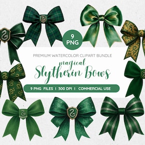 Könnte beinhalten: Eine Sammlung von neun Aquarell-Bogen-Cliparts in verschiedenen Grüntönen mit goldenen Akzenten und Mustern. Einige Bögen zeigen ein Wappen mit einem Schlangenemblem. Der Text "magical Slytherin Bows" ist ebenfalls sichtbar.