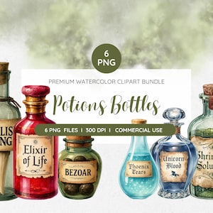 Könnte beinhalten: Aquarell-Clipart-Bundle mit sechs Zaubertrankflaschen. Die Flaschen sind mit Namen wie "Basilisk Fang" und "Elixir of Life" beschriftet. Sie sind in verschiedenen Formen und Farben gehalten, mit Kork- und Glasverschlüssen. Der Text "Potions Bottles" ist enthalten.