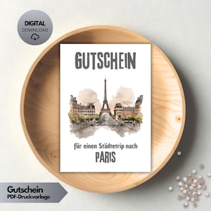 Könnte beinhalten: Ein weißer digitaler Download-Gutschein mit dem Wort "GUTSCHEIN" in Grau, der eine Aquarellillustration des Eiffelturms und Pariser Gebäude zeigt. Der Text "für einen Städtetrip nach PARIS" steht darunter.