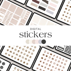 Könnte beinhalten: Digitale Sticker in verschiedenen Farben und Designs, darunter Icons für soziale Medien, Kalender und andere alltägliche Aufgaben. Die Sticker werden auf digitalen Tablets angezeigt.