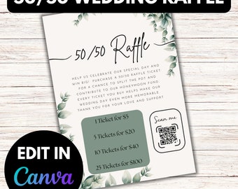 Editable Wedding 50/50 Raffle Canva Template | Wedding Canva Template | DIY Wedding Fundraiser Raffle | Cash Raffle Flyer