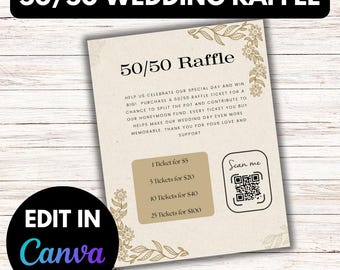 Editable Wedding 50/50 Raffle Canva Template | Wedding Canva Template | DIY Wedding Fundraiser Raffle | Cash Raffle Flyer