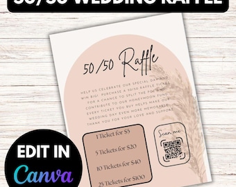 Editable Wedding 50/50 Raffle Canva Template | Wedding Canva Template | DIY Wedding Fundraiser Raffle | Cash Raffle Flyer