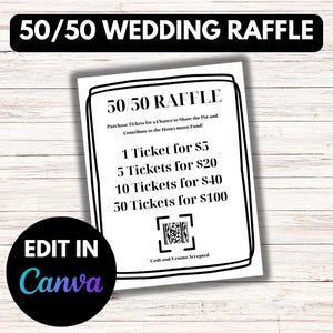 May include: A white wedding raffle sign with black text, including "50/50 WEDDING RAFFLE" at the top. The sign details ticket prices: 1 for $5, 5 for $20, 10 for $40, and 50 for $100. A black circle with "EDIT IN Canva" is in the lower left.