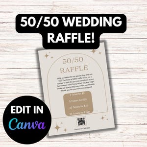 May include: A beige wedding raffle ticket with the text "50/50 Raffle" and ticket prices. The ticket also includes the text "Edit in Canva" in a black circle. The background is a light wood pattern.