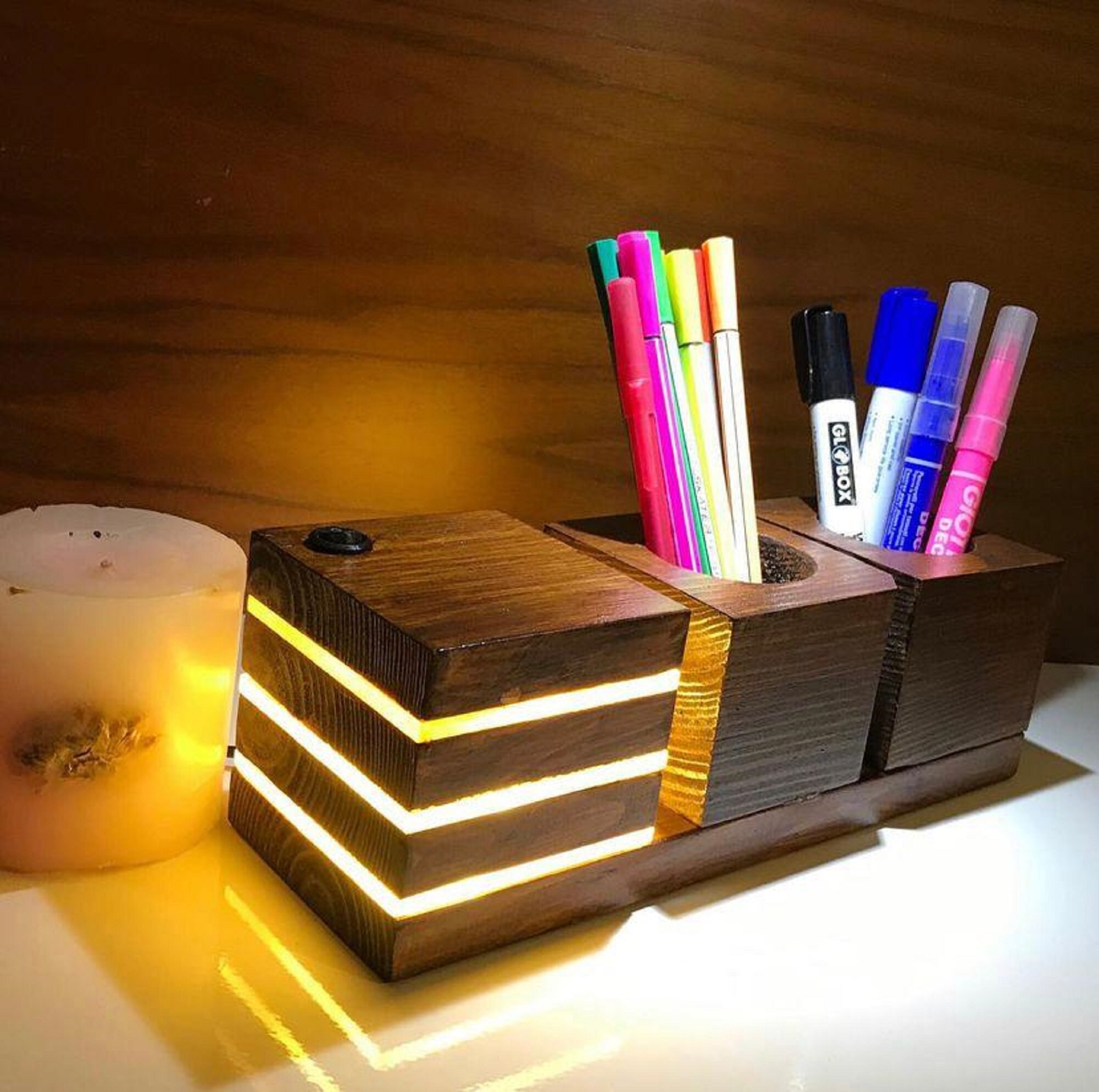 Wooden Pen Holder and Lamp Geometric Lamp Wooden Lamp Gift Etsy