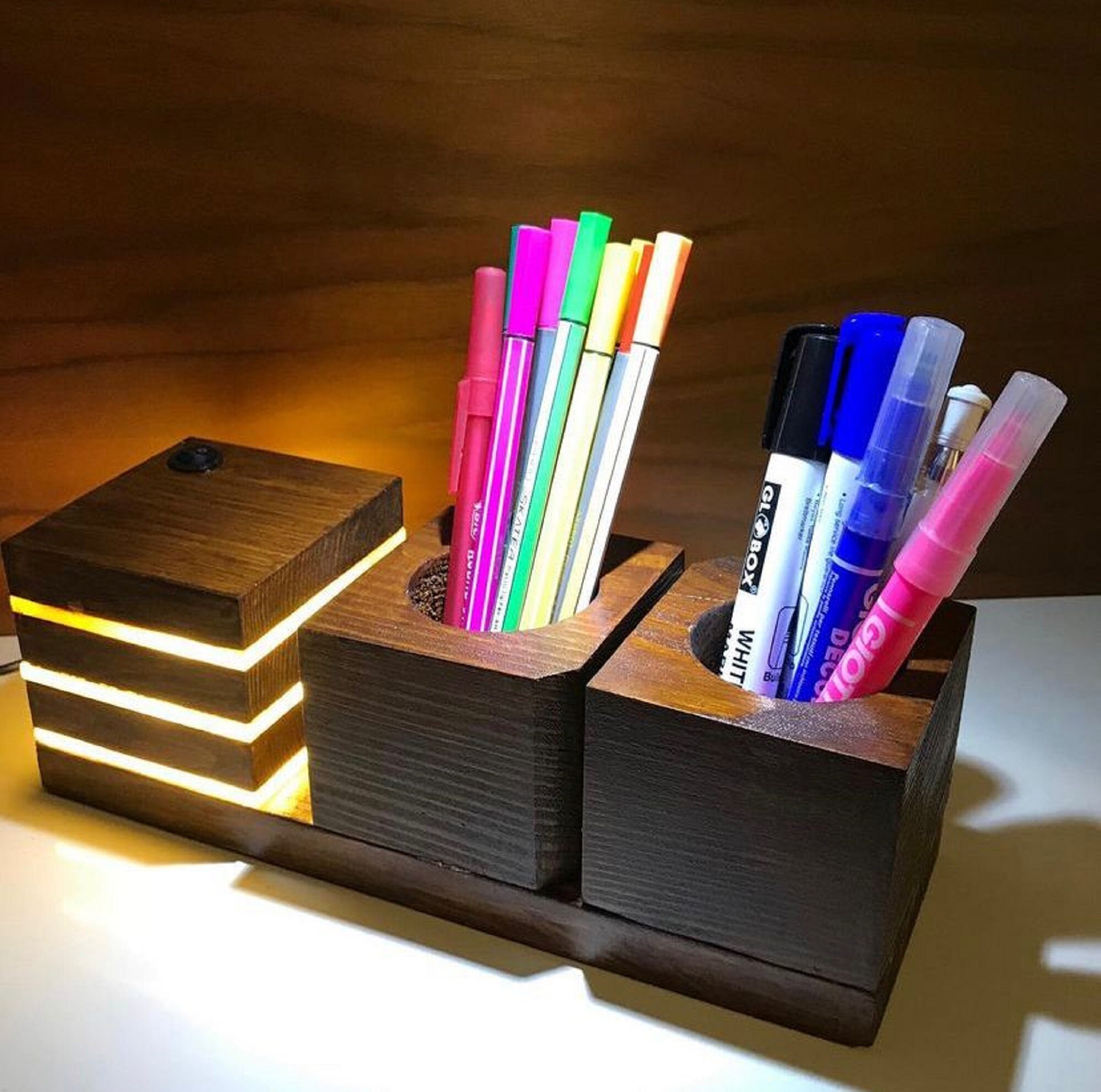 Wooden Pen Holder and Lamp Geometric Lamp Wooden Lamp Gift Etsy